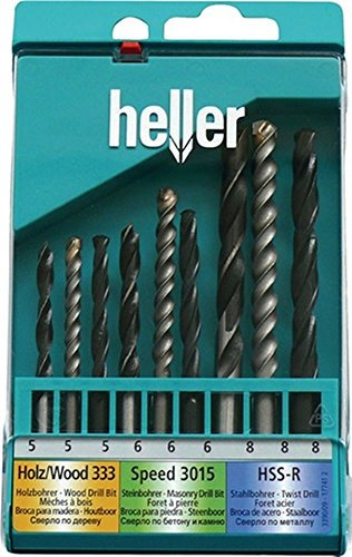 Heller Tools 3390/09 Mix Kassette Holz, Beton und Stahlbohrer, Set 9-teilig 3 x Ø 5/6/8 mm, universal, mix set, bohrer mischkassette