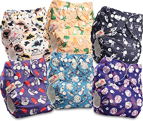 Littles & Bloomz 6 Reusable Pocket Cloth Nappies (Popper), P0604 | Gentle Comfort, Adjustable Fit for 0-3Y/3-15kg, Washable & Quick-Dry, Easy-Care, Multiple Insert Options Available Separately