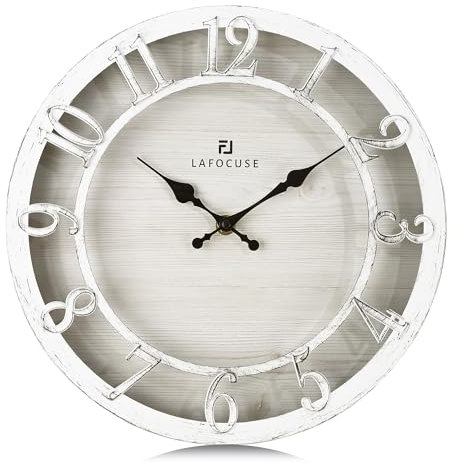 Lafocuse Vintage Wanduhr Lautlos Weiß, Retro Große Erhöhte 3D-Ziffern, Landhausstil Stille Shabby Chic Antik Deko Ohne Ticken für Wohnzimmer Schlafzimmer Küche 30cm