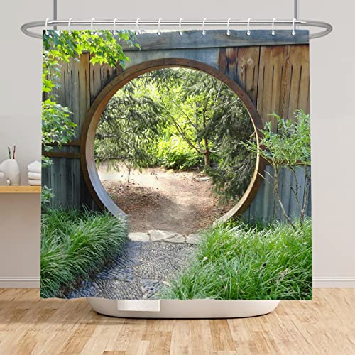 SDOTPMT 140x180cm Cortina de Baño Verde Botánica con Hojas Natural, Puerta Redonda De Madera, Casa de Campo Vintage para Baño - Poliéster con Ganchos