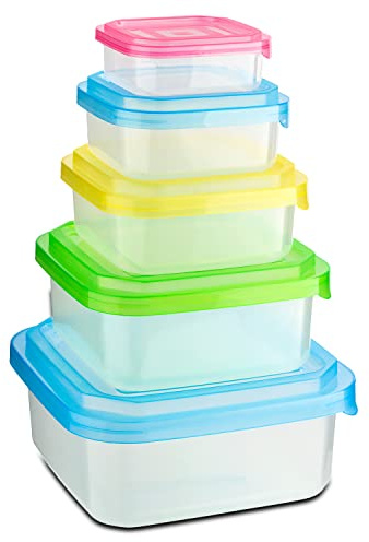 HOMESHOPA Food Storage Container, Set Of 5 Square Reusable Plastic Food Containers with Lids, Airtight Stackable Leak Proof Kitchen Pantry Containers, Microwave Freezer Dishwasher Safe Boxes