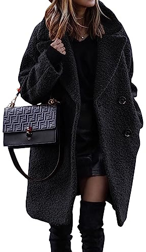 BTFBM Women Winter Faux Fur Coats 2026 Lapel Long Sleeve Fuzzy Fleece Outerwear Button Down Sherpa Jackets Fall Outfits(Black, Large)