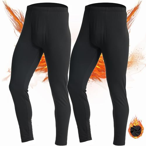 LANBAOSI Mens Thermal Underwear Pants Long Johns Bottoms Thermal Leggings for Men Base Layer Men Weather Fleece Lined 2 Pack Black