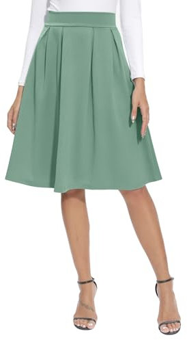 REORIA Damen Rock Faltenrock Klassischer Einfarbiger Plisseerock Knielanges Skirt Röcke Strickrock Tennisrock Grau Grün M