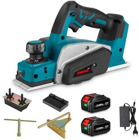 ONEVAN Akku Hobel 21V Hobelmaschine 82 mm Hobelbreite 2mm Spantiefe, 15000 U/min Handhobel Elektrohobel Handhobel Elektrisch(mit zwei 3.0Ah Akkus)