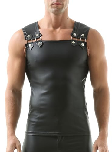 YUFEIDA Men's Faux Leather Undershirts Sleeveless Tank Tops Muscle Fit Waistcoat Tops Fashion Undershirts