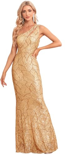 YHHOWEP One Shoulder Formal Sequin Dress for Women Glittering Bodycon Mermaid Maxi Evening Gowns Ball Floor Length Dresses Gold L