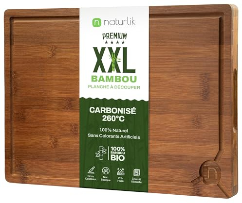 naturlik Tagliere XXL in Bambù Carbonizzato 45x30cm - Grande Tagliere Professionale in Legno Scuro con Scanalatura Raccogli Succhi e Maniglie - Per Carne, Verdura e Formaggi - Pre-oliato
