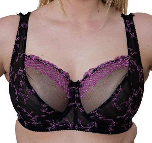 Ladies Black with Pink Embroidery Large Bosom Semi Sheer Lace Underwired Firm Bra Plus Size Cup (44 J)