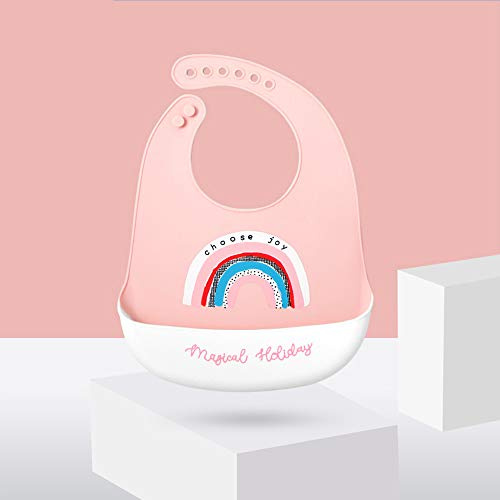 Silicone Bibs for Baby, Treer Waterproof Soft Adjustable Roll up Feeding Bibs Drool Bibs Wipe Clean with Food Catcher Pocket for Infants Toddlers (Pink Rainbow)