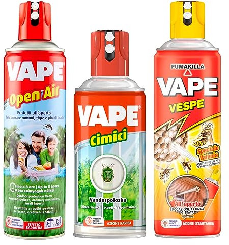 Vape Open Air Insetticida Insetti Zanzare Comuni e Tigre Spray da 500ml + Vape Cimici Spray per Cimici Ragni e Millepiedi da 300ml + Vape Vespe Spray all'Aperto Elimina Vespe Calabroni da 400ml
