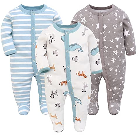 Miracle Baby 3 Piezas Mamelucos para bebés Pijama de bebé Saco de Dormir de algodón con pies con Botones Gr.56 62 68 para niñas recién Nacidas