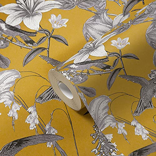 Architects Paper Blumentapete Jungle Chic Vogeltapete PVC-freie Vliestapete gelb grau schwarz weiß matt glatt 377013 37701-3, 10.05 m x 0.53 m