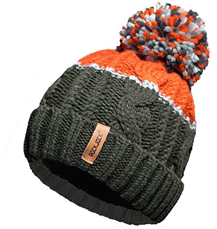 RockJock Unisex Mens Ladies Warm Winter Chunky Colour Block Ski Bobble Pompom Hat with Cosy Thermal Teddy Fleece Liner-Olive/Orange