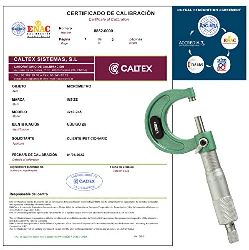 Micrómetro de exteriores INSIZE 3210-25A - Micrómetro de exteriores Calibrado ENAC - Incluye Certificado de Calibración Acreditado