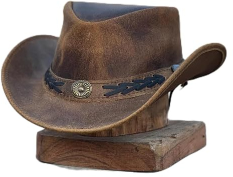 Chapeau de cowboy australien vintage pour homme en cuir véritable, marron, XL