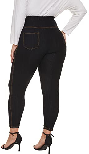 WIPLORE Jeggings Effet Jean pour Femme - Grande Taille - Leggings en Denim Extensible avec Poches - Pantalon Skinny à Enfiler - M-4X, 01_Noir, Taille 3XL