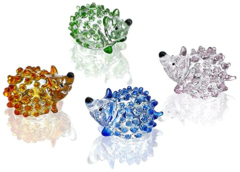 H&D HYALINE & DORA uppsättning av 4 blåsta glas härliga igelkottsfigurer, handgjorda färgglada glaskonst djur samlarobjekt present heminredning