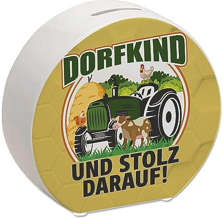 Dorf Spardose mit Spruch Dorfkind und stolz darauf Sparschwein zum Sparen auf den nächsten Traum Traktor Kuh Sparbüchse Huhn cool