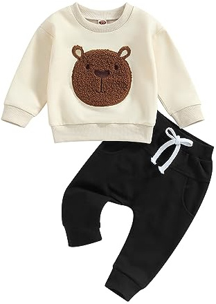 Carolilly Completo Neonato 2 Pezzi Carino Felpa Manica Lunga Orso Ricamato+Pantaloni Lunghi Tuta Calda dei Bambini Autunno Primavera (Crema+Nero, 12-18 Months)