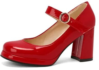 Escarpins en cuir verni vert marine à bout fermé pour femme mûre avec sangle à boucle vintage Mary Janes Chaussures à talons carrés, Rouge, 39 EU
