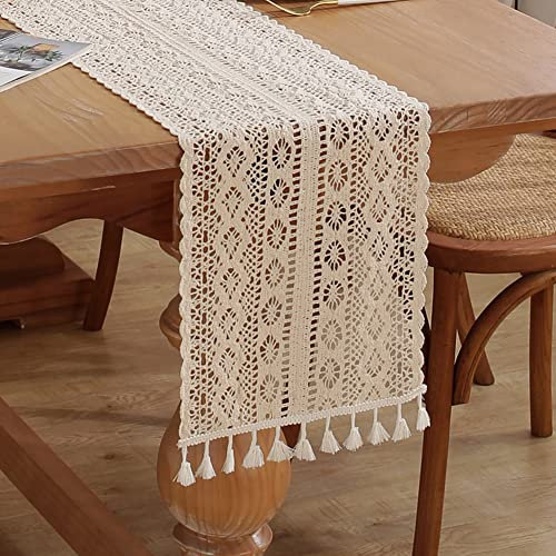 meioro Gehäkelte Tischläufer, 30x180cm Spitze Boho Tischwäsche Klassische Beige Hochzeit Tischdecke Vintage Tassel Tischdeko für Küche Essen Urlaub Party Dekoration Tablerunner(Stil-C)
