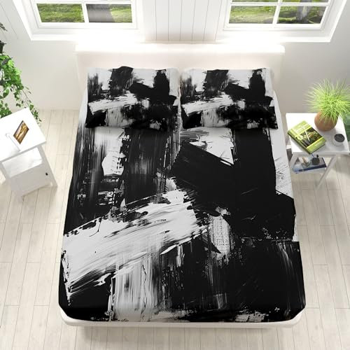 Abstrakte Geometriekunst Schwarz und Weiß Design Spannbettlaken 140x200cm Weiche Mikrofaser Boxspringbett Bettlaken, Spannbetttuch, Rund-um Elastischem Gummizug, für Matratzen von 5-30 cm