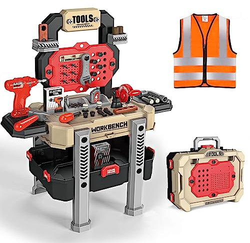 Aiqi Werkbank für Kinder, 79-teiliges, Verwandelbare Simulationswerkzeugset mit elektrischer Bohrmaschine und Arbeitskleidung, Kinder Rollenspiel Lernspiel Geschenk für Kinder ab 3 Jahren