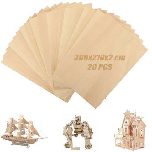 LOPYXBR Lot de 20 plaques de contreplaqué 2 mm, 30 x 21 cm en bois de tilleul - Panneaux de contreplaqué A4 - Pour travaux manuels, bricolage, modèle, peinture, gravure laser