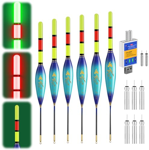 LED Posen Angeln Set mit Bissanzeiger, Doppelfarbige Nachtfischboje, Leuchtposen Angel 4g/5g/6g/7g/8g/9g Tragkraft, Inkl. Batterien Ladegerät, Angelzubehör Für Fluss und See (4g/5g/6g/7g/8g/9g-B)