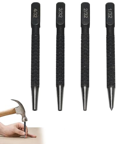 4-Piece Center Punch Set, Metal Nail Punch Kit, 1/32-4/32 inch Sizes,Drilling Holes for Breaker Puncher 1/32, 2/32, 3/32, 4/32 (Black)