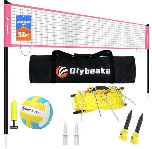 32ft Regulation Size Portable Outdoor Volleyball Net Set System for Backyard Beach with Height Adjustable Poles, PU Volleyball and Pump, Carry Bag, Boundary Line - Easy Set Up & Anti-Sagging (Pink)
