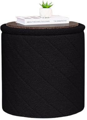 Bonlife Sgabello rotondo Ottoman con vano portaoggetti, sgabello pieghevole con coperchio, sgabello Bouclé per toeletta per soggiorno, camera da letto, zona d'ingresso, Nero, 43x43x45 cm