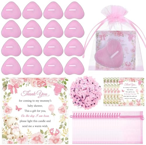 100 Sets Pink Baby Shower Favours Gender Reveal Heart Tea Light Candles | with Thank You Cards Organza Bags Pink Glitter Cute Girl Baby Shower Gifts Bulk for Guests Gender Reveal Party