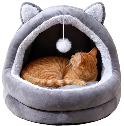Lit Caverne pour Chat,Nid Semi-Fermé avec Jouet Balle - Lit Caverne Doux pour Chaton Et Chien - pour Chaton Lapin Intérieur Chambre Salon Balcon Appartement Dortoir Hiver Automne
