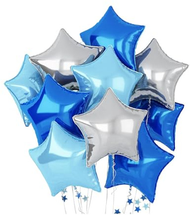 10 Pcs Blue Silver Star Foil Balloons,18 Inch Reusable Foil Balloons for Helium,for Birthday Wedding Bridal Shower Anniversary Engagement Party Decorations Supplies,Inflatable Air and Helium
