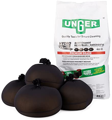 UNGER QuickChange Harzbeutel 24 l (4 Beutel, für Reinwasser-Reinigung, Harztaschen, vorportioniert Premium Ionen-Austauschharz) DIB84