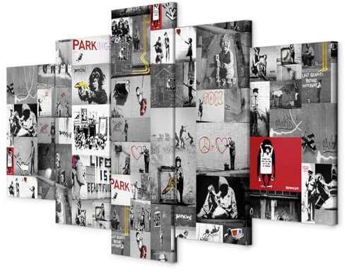 B&D XXL - Akustikbild Abstrakt Banksy 5 tlg - Bilder Akustikschaum Schallschutz Wand Deko Kunst Akustikpaneele Wandpaneele Schalldämmung Wandbild Schallabsorber Akustikplatten i-C-0092-b-p