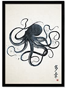 Strand Clothing Japanese Octopus Calligraphy Art Print Poster - Woodblock Ukiyo-e Wall Art (A3 Black Frame Small)