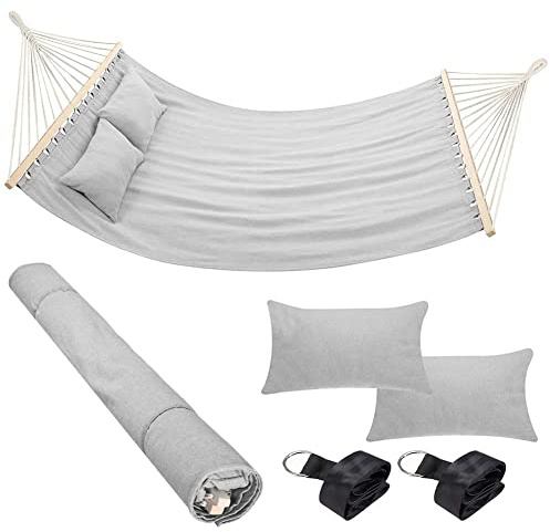Bakaji Hamac de Jardin Double 2 Places 232 x 148 cm Barres transversales en Bois Revêtement en Polycoton avec 2 Coussins et Sangles Design Moderne pour Jardin Terre Camping (Gris Clair)