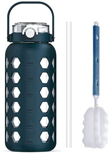 MUKOKO Half Gallon/64 oz Glass Water Bottles with Straw and Lid,Motivational Water Jug with Time Marker Reminder and Silicone Sleeve,100% Leakproof BPA Free Fitness Sports Large Bottle-Blue