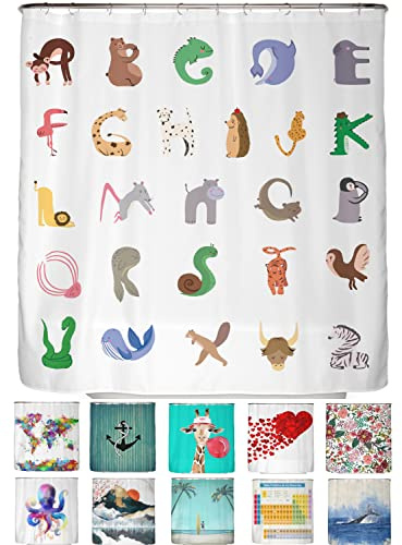 arteneur® - Alphabet ABC Anti-Schimmel Duschvorhang 180x200 cm - Recycelt mit Öko-Tex Standard 100 - Beschwerter Saum, Blickdicht, Wasserdicht, Waschbar, 12 Ringe & E-Book