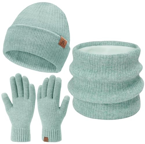 Bequemer Laden Womens Mens Winter Beanie Hats Neck Scarfs Touchscreen Gloves Set Warm Knit Slouchy Skull Caps Gifts for Women & Men