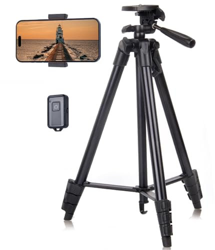 Lightweight Tripod, Everesta Video Phone Camera Tripod Stand with Wireless Remote Shutter, Phone Clip, Carry Bag for Travel/YouTube Video/Photography/Vlog, Compatible with iOS & Android (55 Inch)