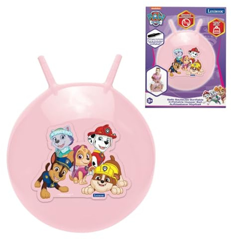Lexibook, La Pat' Patrouille, Chase, Marcus, Ruben, Skye, Everest, Balle sauteuse Gonflable, Pompe Manuelle Incluse, Plastique sécurisé et résistant, Rose, BG040PAG
