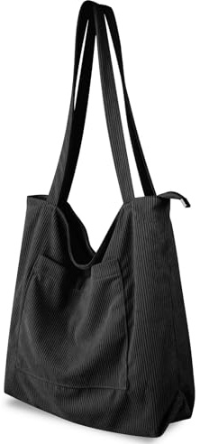 flintronic Corduroy Tote Bag, Shoulder Bag with Zipper, Casual Handbags, Waterproof Tote Bag with Pockets Compartments, Large Capacity Shopping Bag for School College Work Daily Use, Black