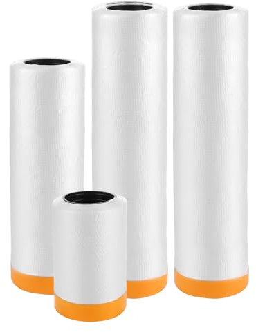 WOPPLXY Abdeckfolie mit Klebeband 4er Set, 55cm x 16m / 150cm x 16m / 2 x (280cm x 10m) Abklebeband mit Folie, Malerfolie mit Klebeband zum Staubschutz, Lackieren von Autowänden
