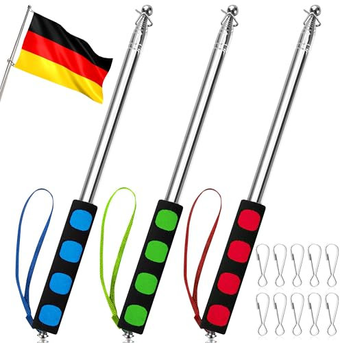 Heveer Mât Telescopique 3 Pièces 2.5M en Acier Inoxydable Mât de Drapeau Télescopique avec 10 Crochets Portable Porte Drapeau Bâtons pour Salle de Cours Guide Touristique