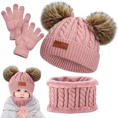 Hyran Bonnet Enfant Hiver Tricoté, 3 Pièces Bonnet-Echarpe-Gants Enfant, Children Warm écharpe et gants fille, Warm Knitted Thickened Cou Chaud Bébé Gants Bonnet