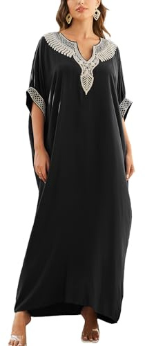 YouKD Vestido de playa bohemio con bordado floral, caftán de verano para mujer, bikini Coverups, batas largas, Negro, Altoa única